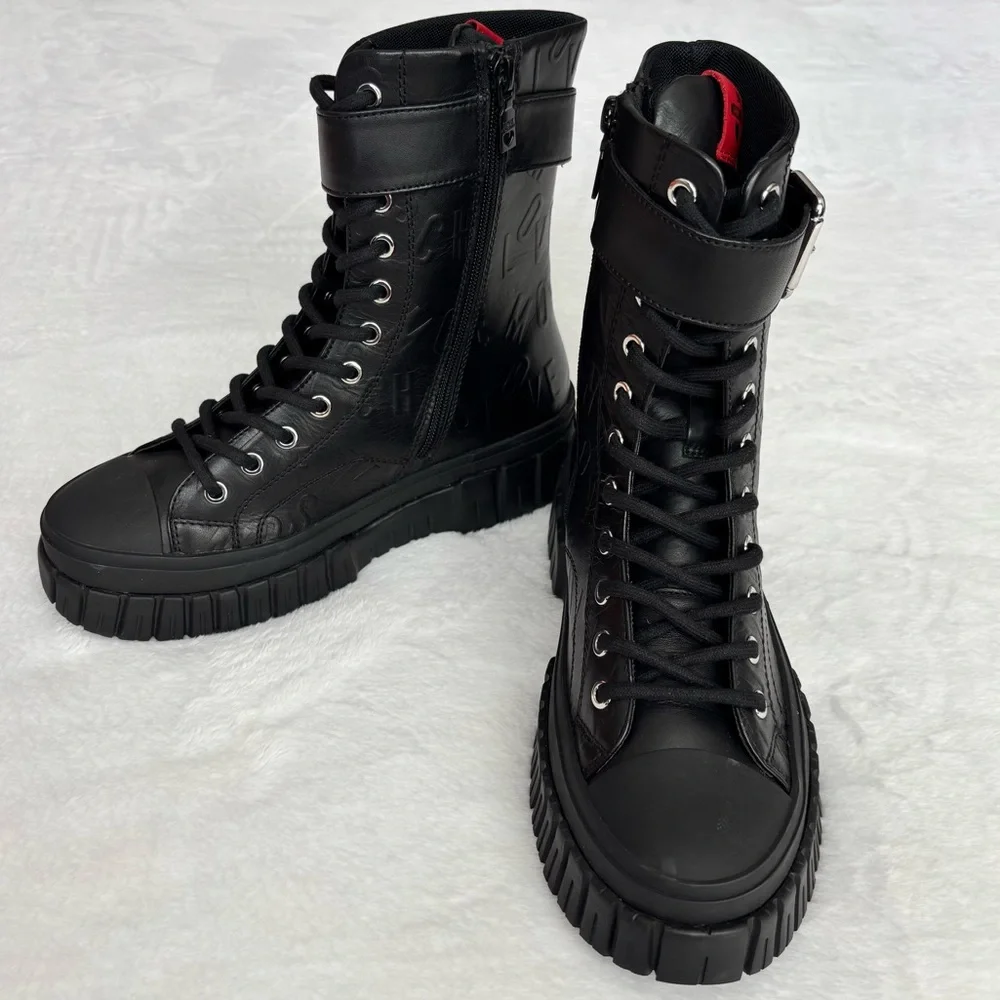 LOVE MOSCHINO Black Leather Moto Biker Boots--NEW--7 - Picture 5 of 15